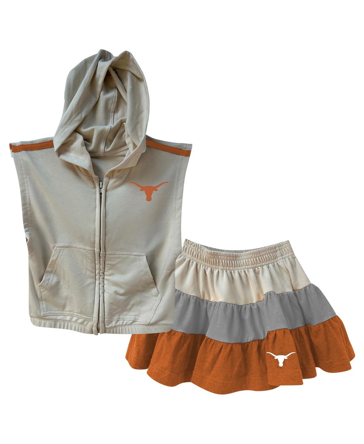 Wes & Willy Girls Toddler Tan Texas Longhorns Tri-blend Sleeveless Full-zip Hoodie Tiered Skirt Set In Gray