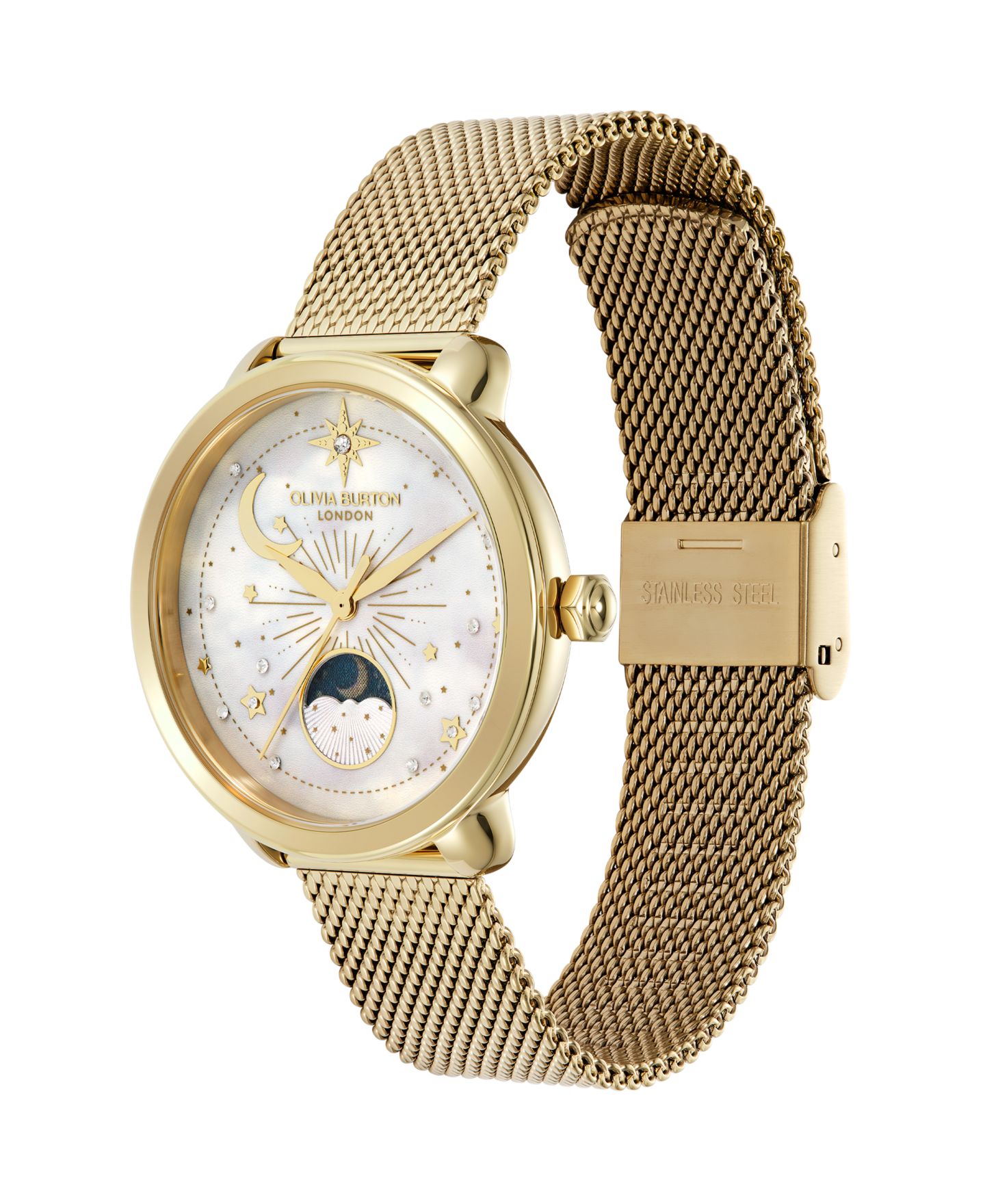 Женские часы Olivia Burton Moonphase Gold Tone Stainless Steel Mesh Bracelet Watch, 34mm — фото 2
