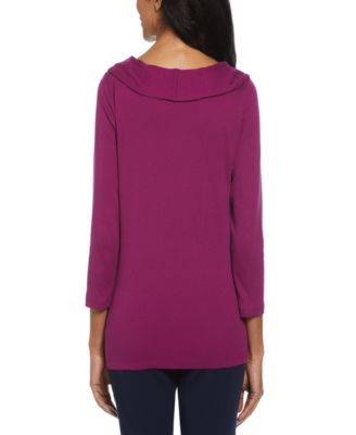 Petite Ribbed Marilyn Neck 3/4 Sleeve Top with Decorative Brooch