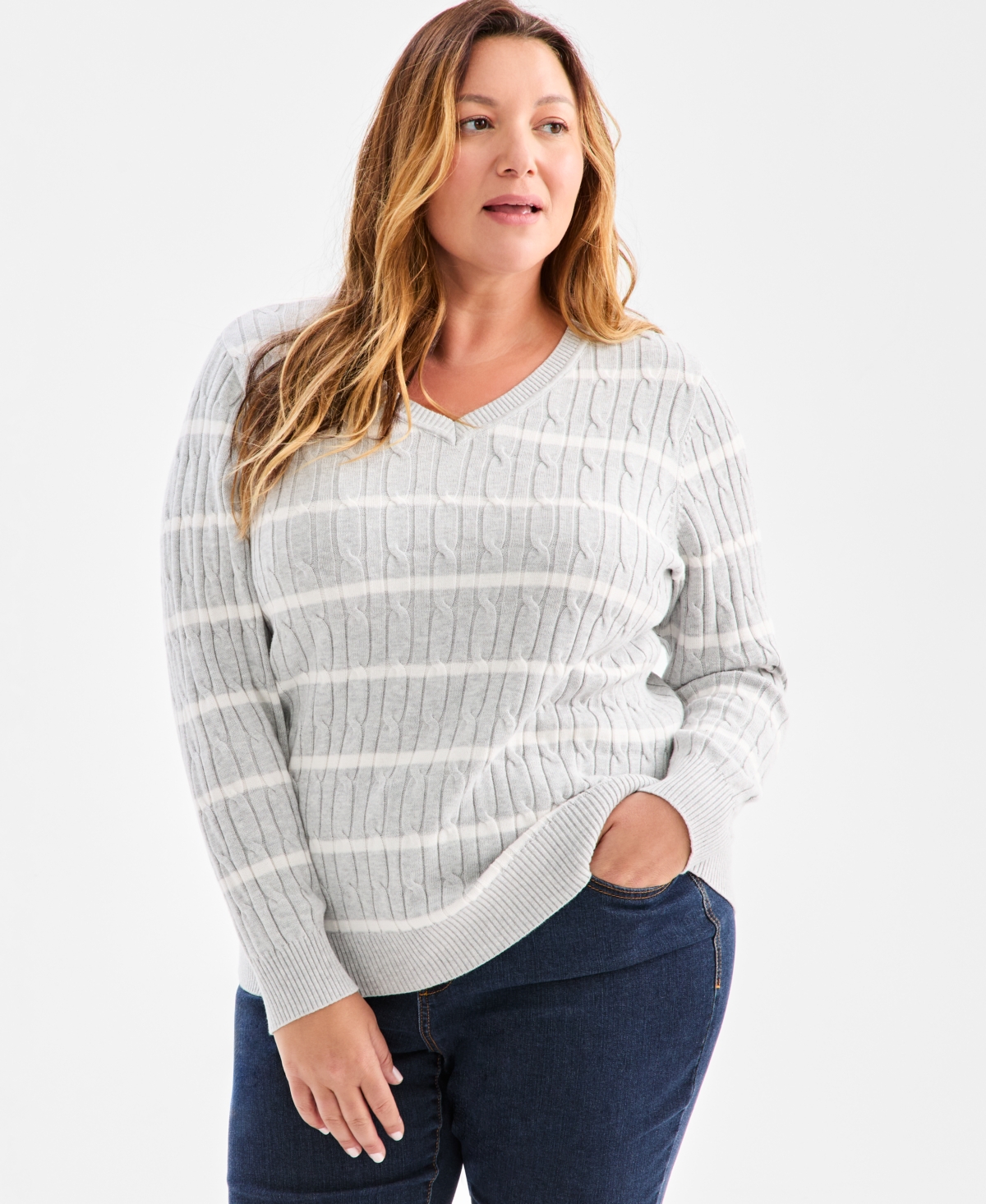 Style & Co Plus Cotton Cable-Knit V-Neck Stripe Sweater, Created for Macy's