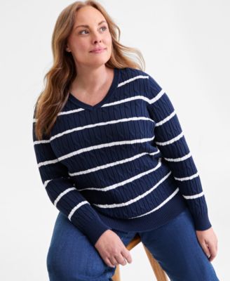 Plus Size Cotton  Cable-Knit V-Neck Stripe Sweater, Created for Macy's