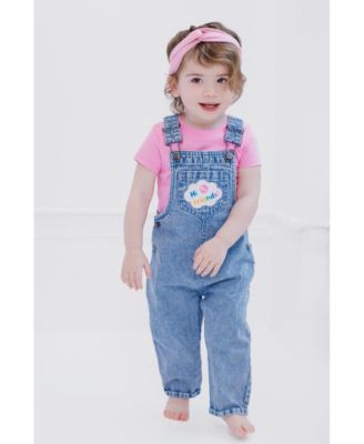 Toddler Girls Denim Square Neck Vintage Wash Cosplay Overall, T-Shirt and Headband 3 Piece Outfit Set