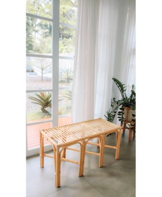 - Natural Rattan and Beige Fabric Bench Exotic Boho Upholstery Entry