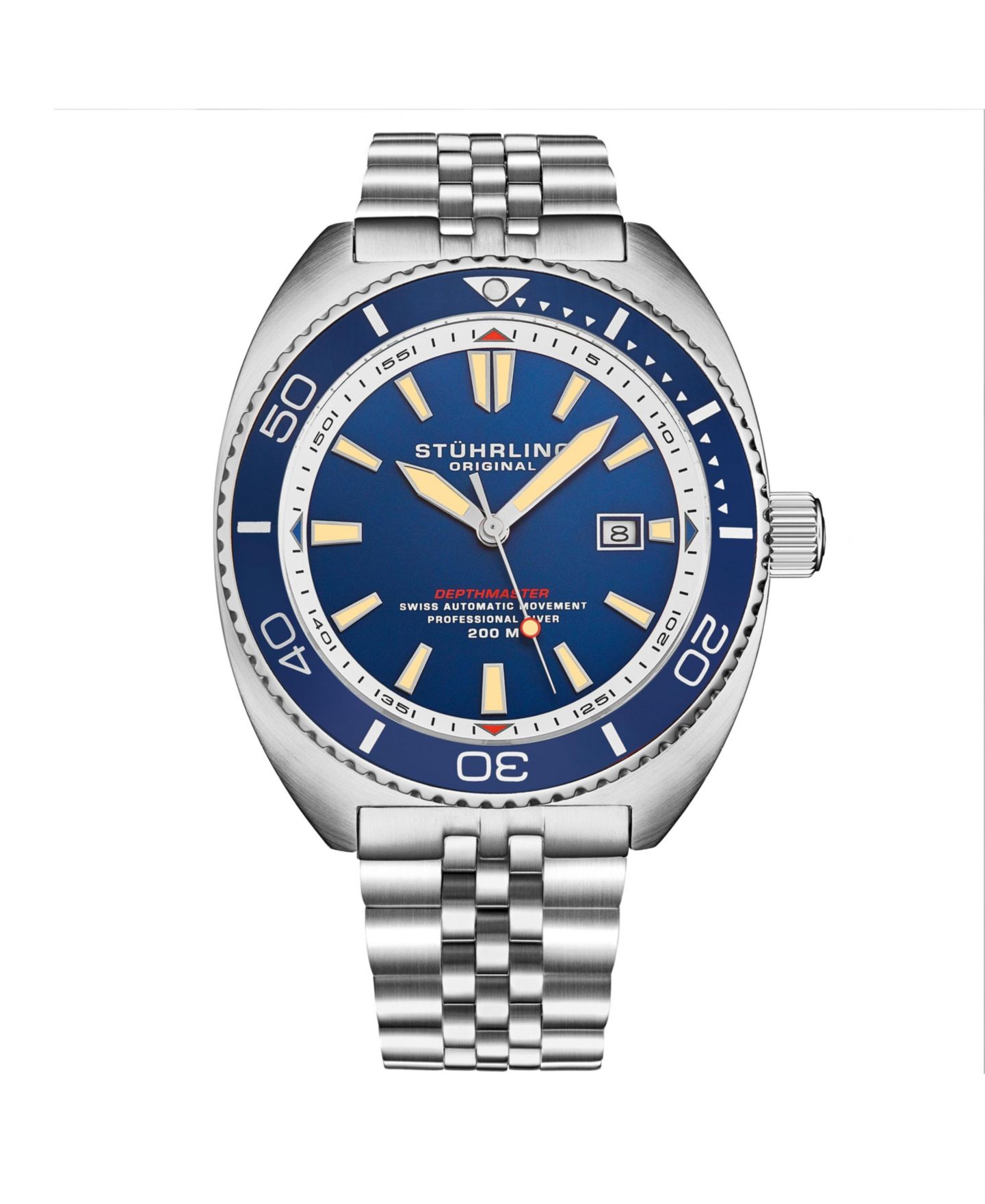 Мужские часы Stuhrling 1008 Automatic Watch Swiss Movement Tonneau Stainless Steel Case Blue Dial Jubilee Bracelet 200M Water Resistant Date Window Diver, цвет: Синий — фото 1