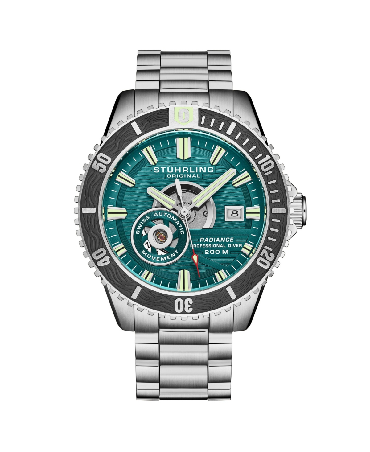 Men s Watch Model 1013 &#x2013; Swiss Automatic Movement, Turquoise Dial, Gunmetal Bezel, 200M Diver, Stainless Steel Bracelet - Green