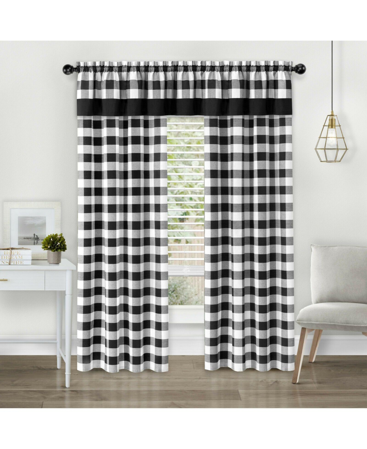 Modern Country Farmhouse 3 Piece Buffalo Check Plaid Window Curtains & Valance Set - 84 in - Granny Apple Green - Linen/taupe