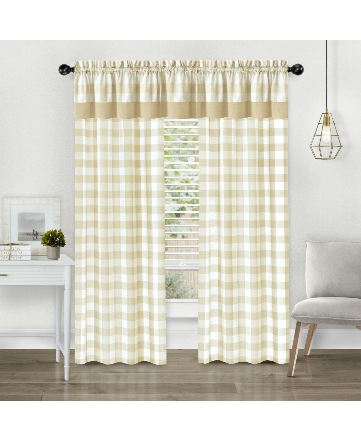 Modern Country Farmhouse 3 Piece Buffalo Check Plaid Window Curtains & Valance Set - 84 in - Gray - Linen/taupe