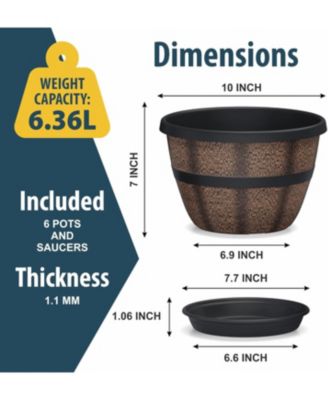 10" Whiskey Barrel Planters, Set of 6 – Rustic plastic pots with drainage & saucers, perfect for indoor/outdoor flowers, herbs & small plants