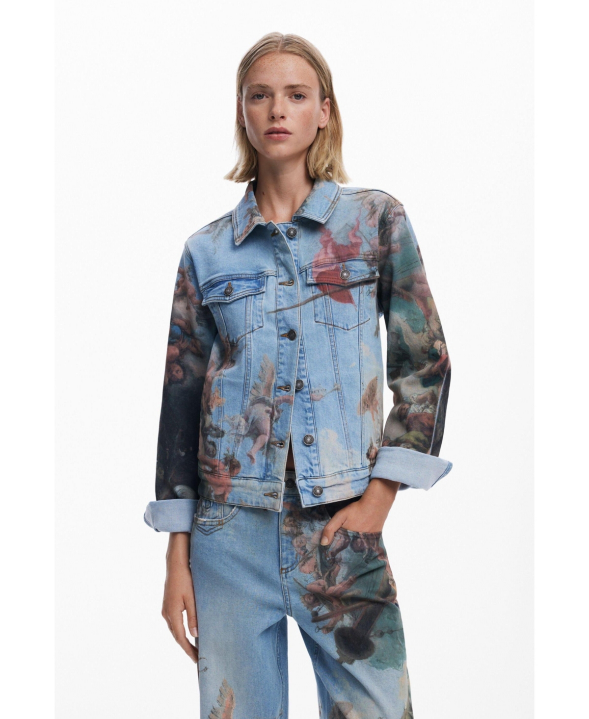 Desigual Printed Barrel Leg Jeans In Blue