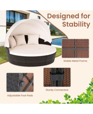 Patio Round Daybed PE Rattan Cushioned Sectional Seating with Retractable Canopy