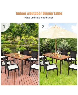 Rectangle Patio Outdoor Dining Table Acacia Wood Tabletop w/ 2'' Umbrella Hole