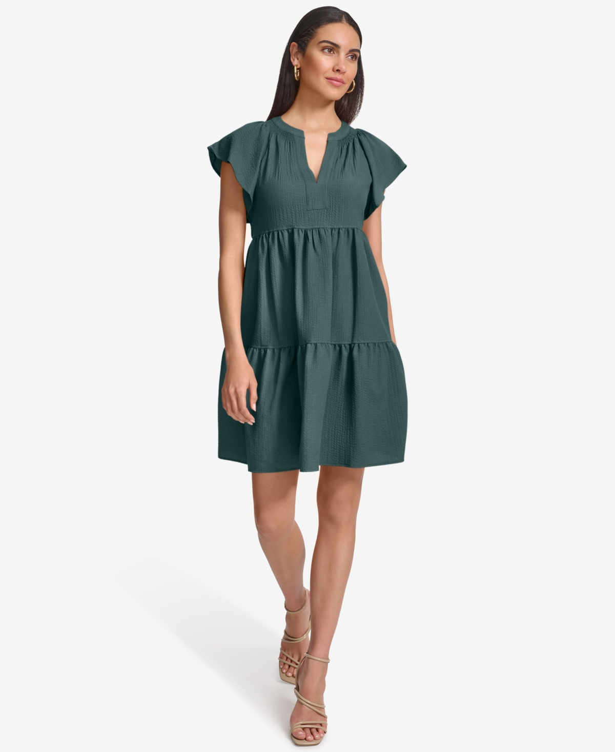 Calvin Klein Women's Split-neck Tiered A-line Dress In Green