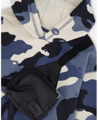 Big Boys Hooded Fleece Sweatshirt with Crossbody Bag Blue Camouflage