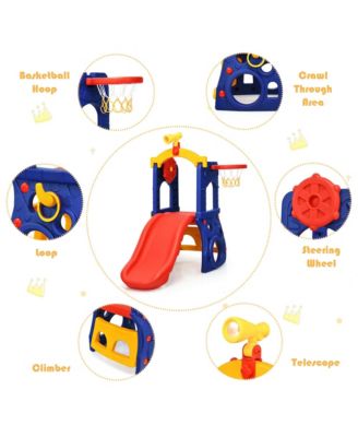 Toddler 6-in-1 Freestanding Slide w/ Basketball Hoop Play Climber Slide Set