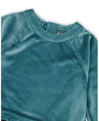 Big Girls Long Sleeve Bi-Material Velvet and Pleated Mesh Dress Teal Blue