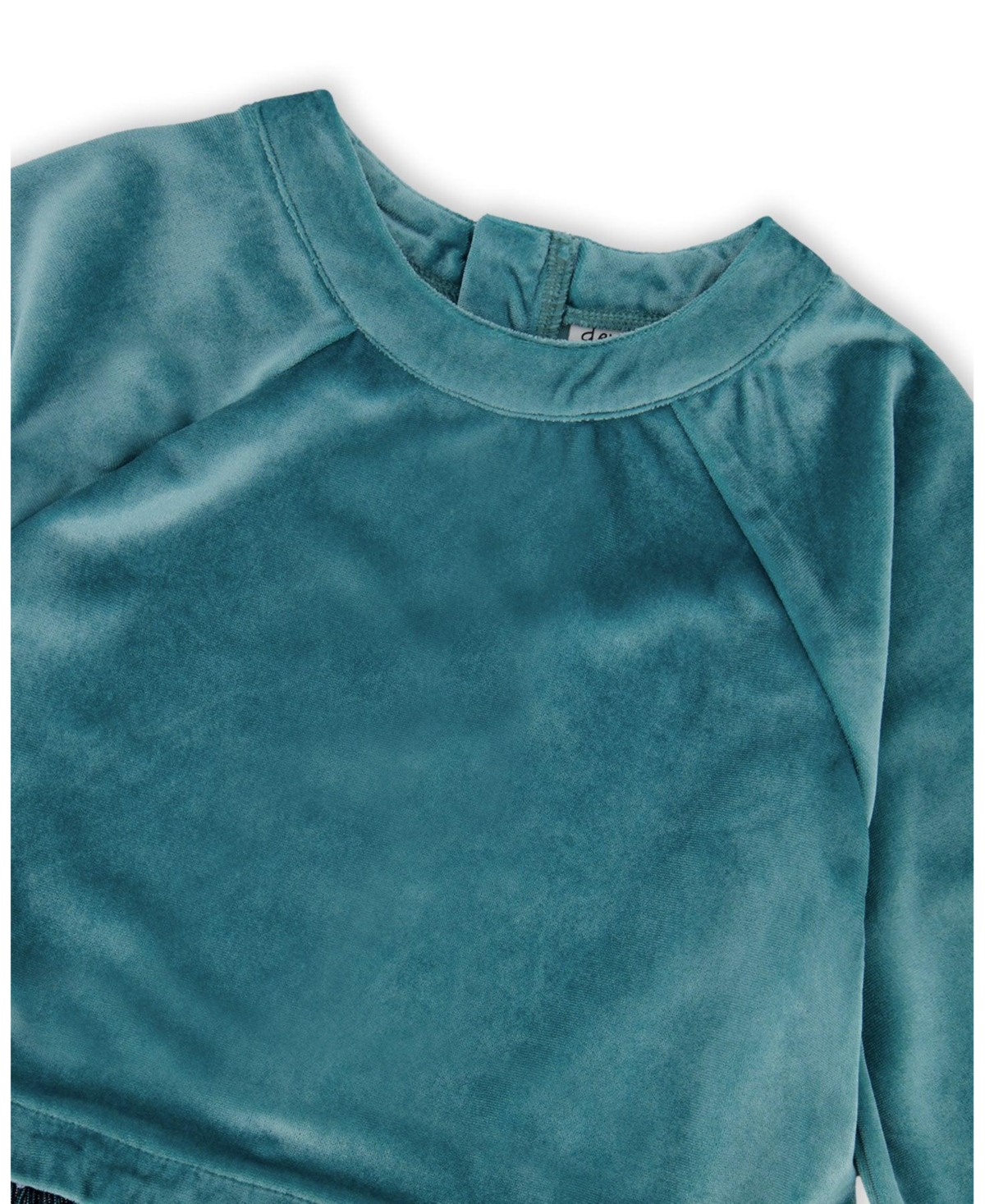 Deux par Big Girls Long Sleeve Bi-Material Velvet and Pleated Mesh Dress Teal Blue