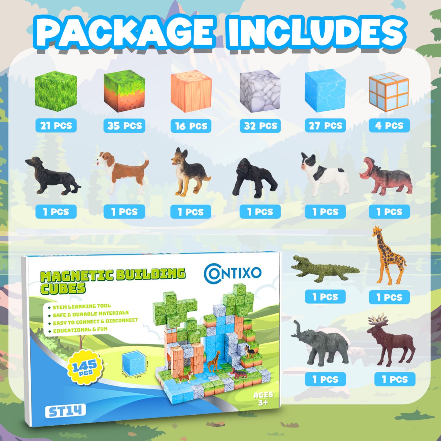 Детский конструктор Contixo Dinosaurs Magnetic Blocks Building Cubes ST14 145-Piece Building Set, Ages 3–12 — фото 6