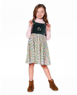 Girl Bi-Material Overall Dress Green with Flower Print - Toddler|Child