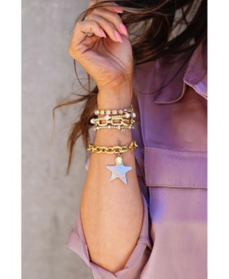 12k Gold Plated Chain with Silver Textured Star Charm and Cubic Zirconia Charm Bracelet