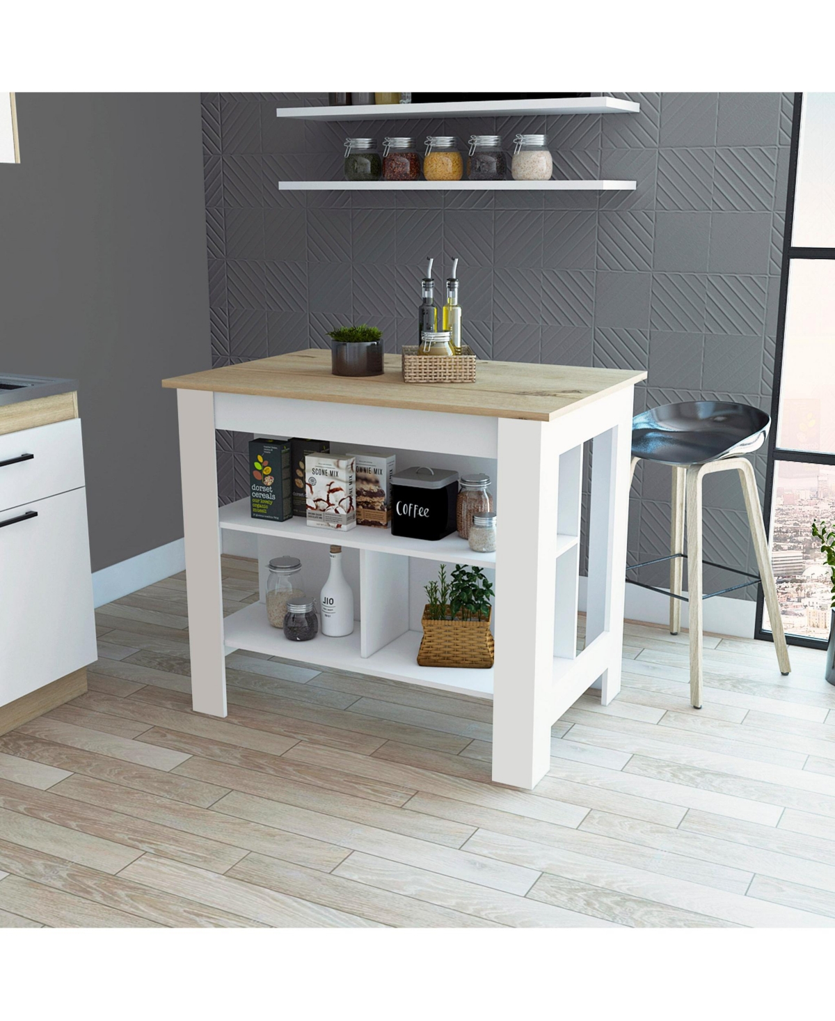 Slickblue Wooden Kitchen Island Table with Built-In Storage and Open Display Shelves