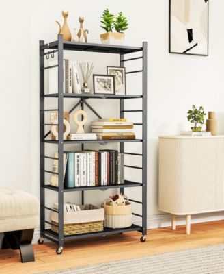 5-Tier Foldable Storage Shelves, Metal Storage Rack with Wheels and Hooks