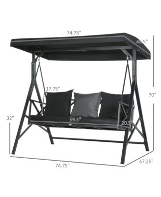 3-Seat Patio Swing Chair, Porch Swing Glider with Cushion, 3 Throw Pillows & Adjustable Canopy for Porch, Garden, Poolside, Backyard, Black