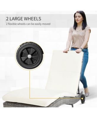 Wicker Chaise Lounge Pool Chair, Outdoor PE Rattan Cushioned Patio Sun Lounger w/ 5-Level Adjustable Backrest & Wheels for Easy Movement, Cream White