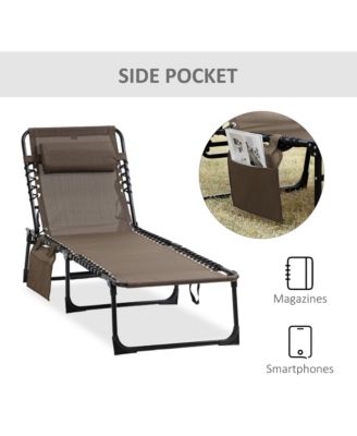 Reclining Chaise Lounge Chair, Portable Sun Lounger, Folding Camping Cot, with Adjustable Backrest and Removable Pillow, for Patio, Garden, Beach, Brown