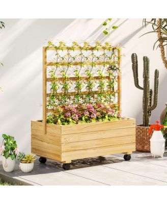 Wood Planter with Trellis and Wheels Raised Planter Box, Natural