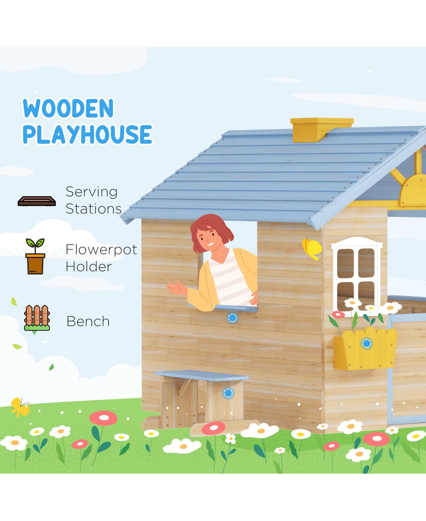 Детская игрушка Outsunny Outdoor Wooden Playhouse, Ages 3+, цвет: Синий — фото 5