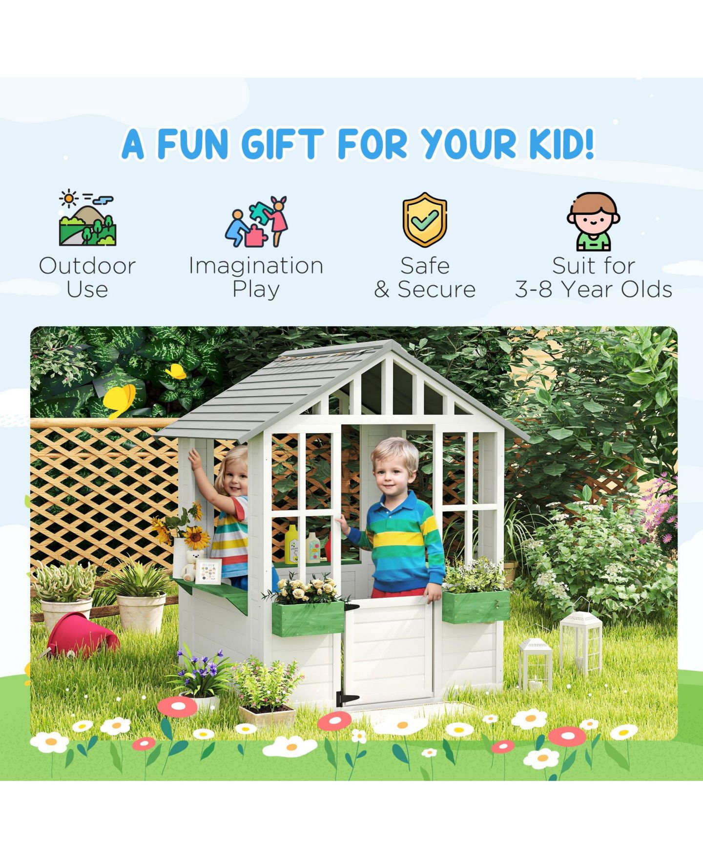 Детская игрушка Outsunny Outdoor Wood Playhouse with Tilt Roof, Ages 3+, цвет: Белый — фото 4