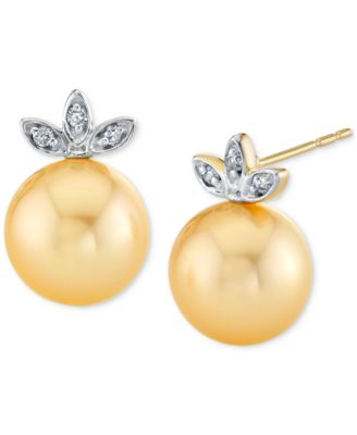 Cultured Golden South Sea Pearl (9mm) & Diamond Accent Stud Earrings In 14k Yellow & White Gold