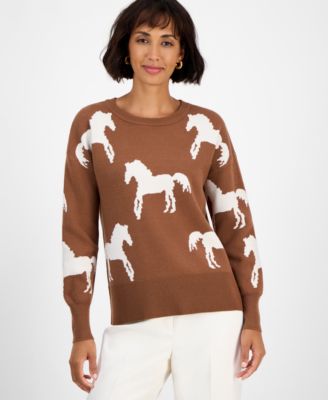 T Tahari - Women's Horse-Print Crewneck Long-Sleeve Sweater