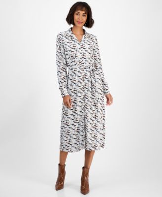 T Tahari - Women's Horse-Print Button-Front Long-Sleeve Dress