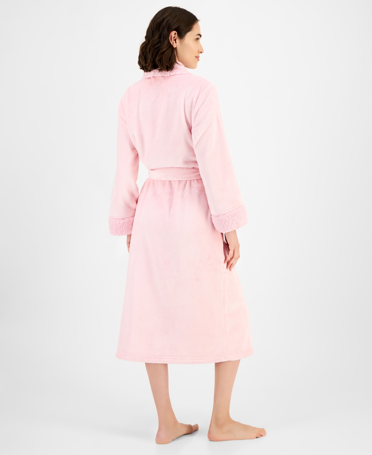 Charter Club Women's Long Plush Fleece-trim Robe, Created For Macy's In Pink