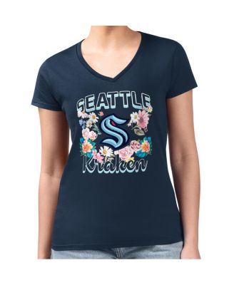G-III 4Her by Carl Banks - Women's Deep Sea Blue Seattle Kraken Flower Logo Fitted V-Neck T-Shirt