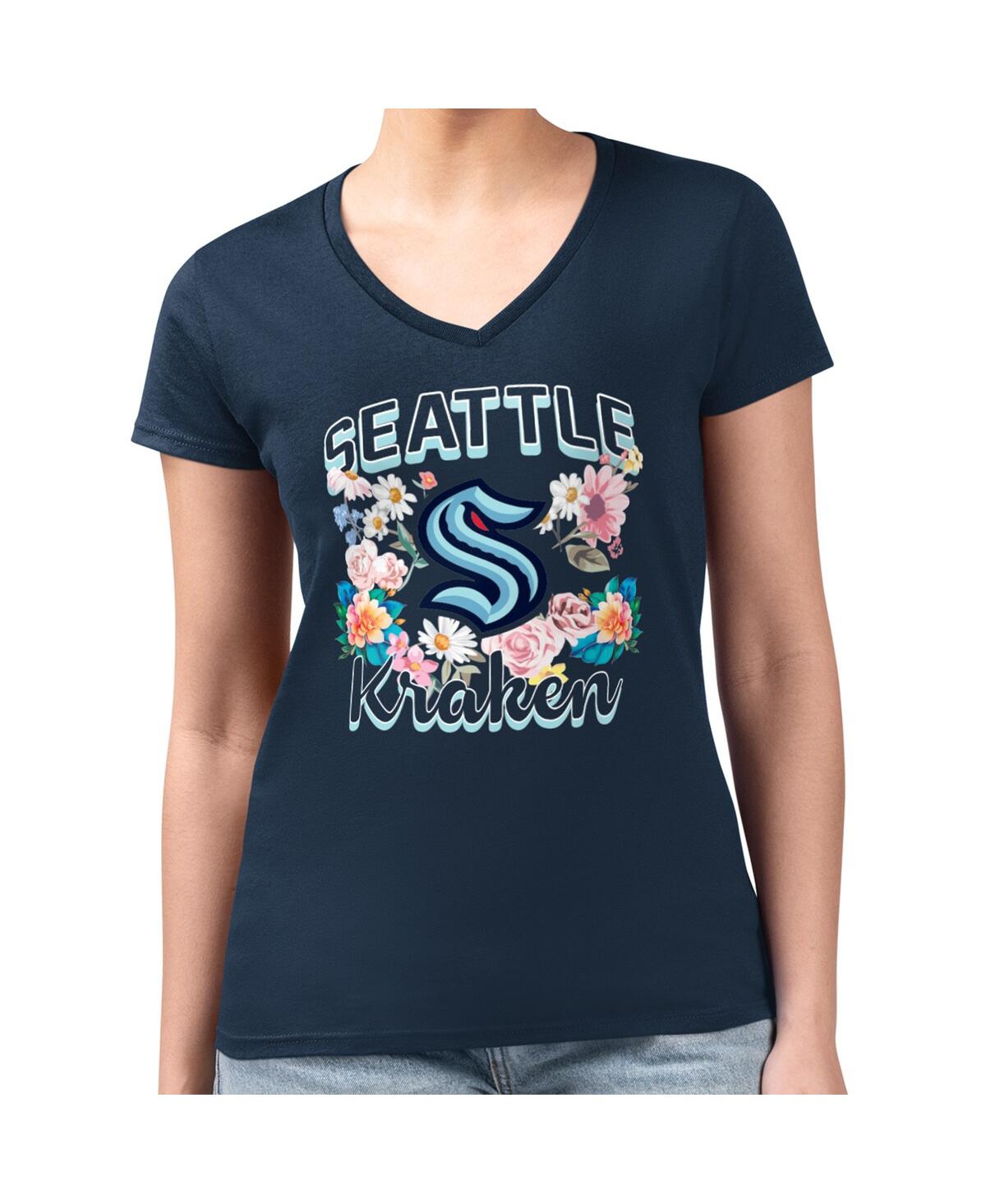 G-iii 4her By Carl Banks Women's Deep Sea Blue Seattle Kraken Flower Logo Fitted V-neck T-shirt