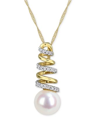 Macy's - Cultured Freshwater Pearl (8mm) & Diamond (1/10 ct. t.w.) Spiral 17" Pendant Necklace in 10k Gold