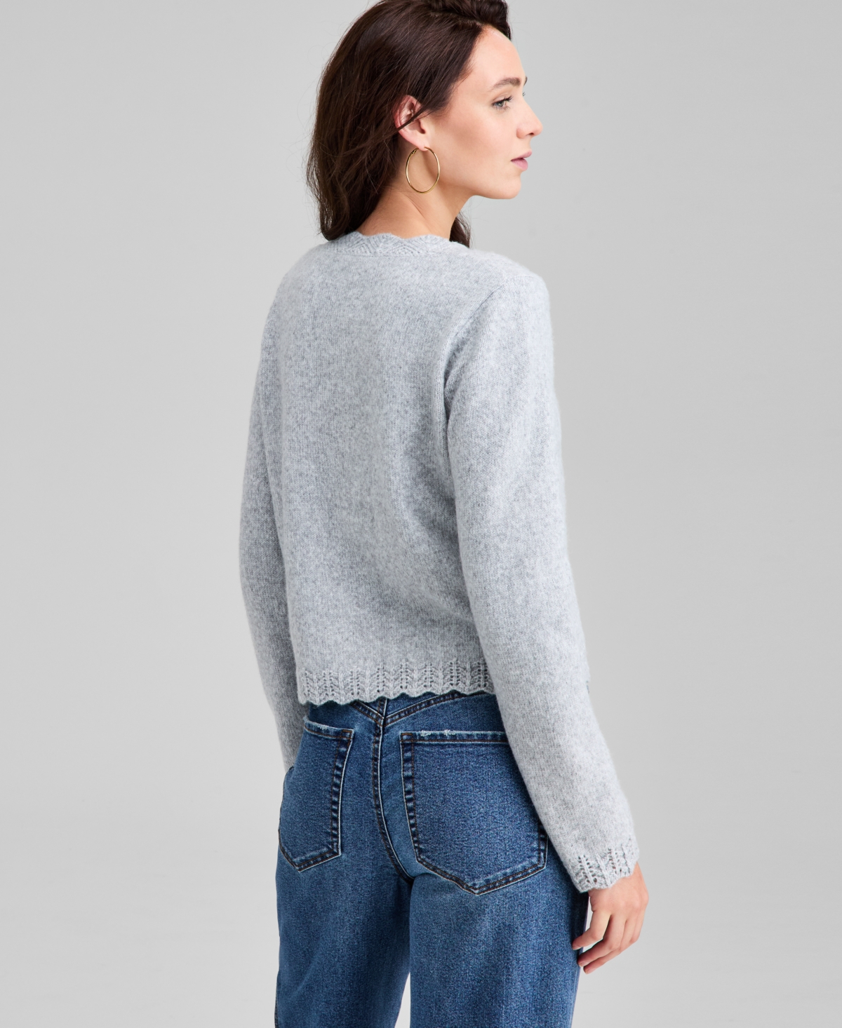 And Now This Petite Long Sleeve Set-in Crewneck Cardigan Sweater In Blue
