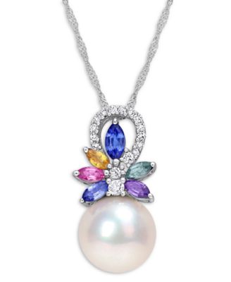 Macy's - Cultured Freshwater Pearl (9-1/2mm), Multi-Sapphire (7/8 ct. t.w.) & Diamond (1/20 ct. t.w.) 17" Pendant Necklace in 14k White Gold