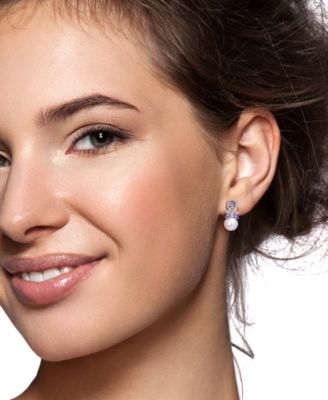 Cultured Freshwater Pearl (9mm), Multi-Sapphire (1-5/8 ct. t.w.) & Diamond (1/8 ct. t.w.) Drop Earrings in 14k White Gold