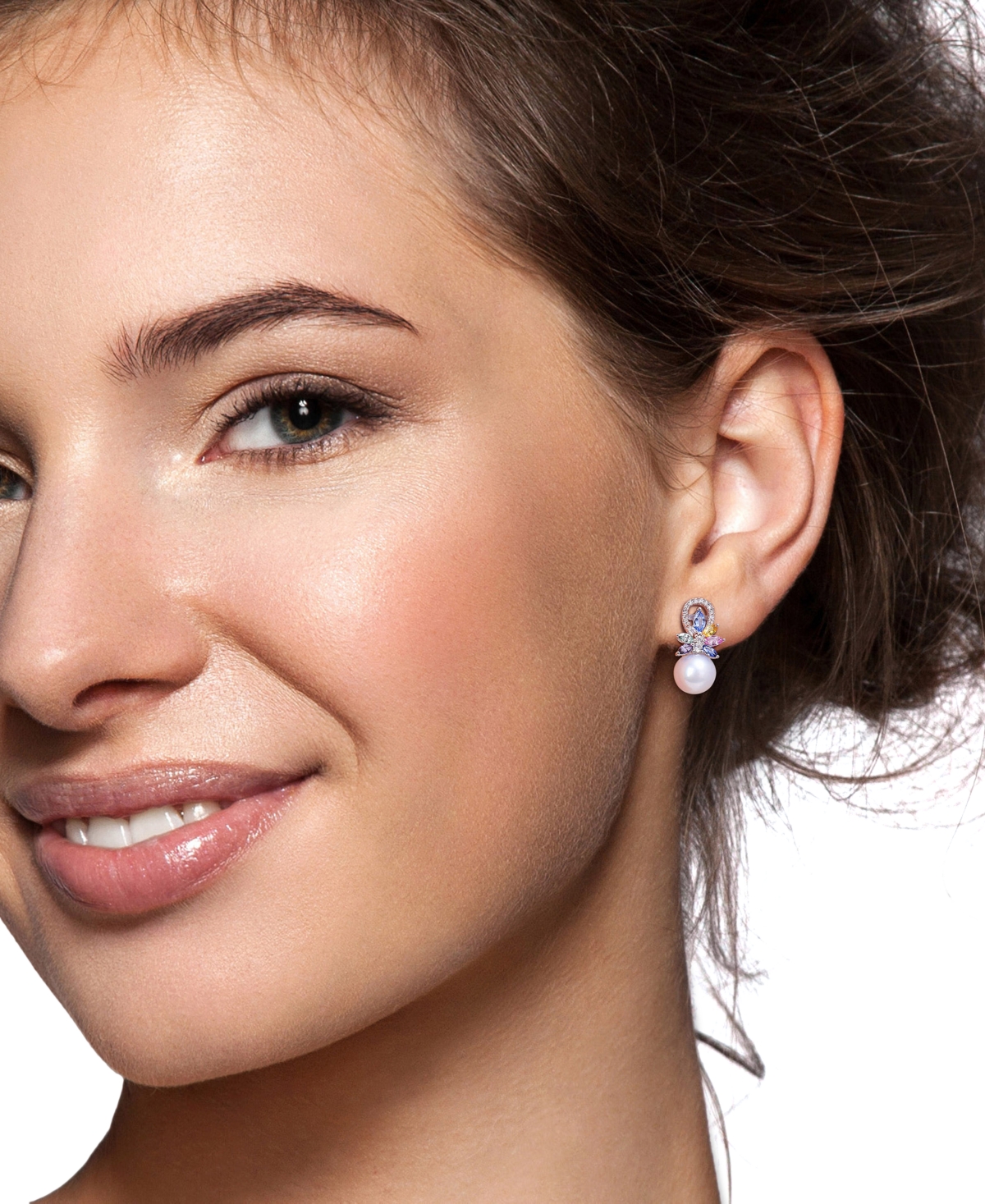 Macy's Cultured Freshwater Pearl (9mm), Multi-sapphire (1-5/8 Ct. T.w.) & Diamond (1/8 Ct. T.w.) Drop Earri In Metallic