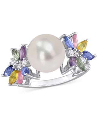 Macy's - Cultured Freshwater Pearl (9mm), Multi-Sapphire (1-5/8 ct. t.w.) & Diamond (1/8 ct. t.w.) Ring in 14k White Gold