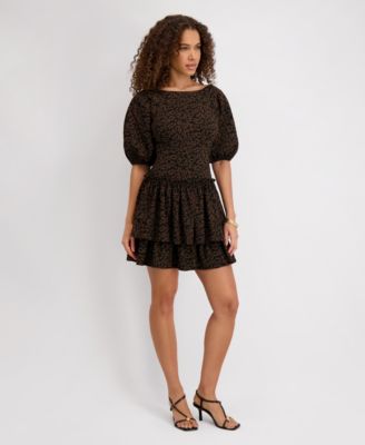 Women's Stretch-Jacquard Puff-Sleeve A-Line Dress