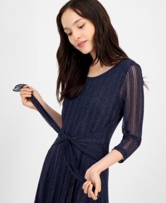 Petite Mesh Tie-Waist 3/4-Sleeve Midi Dress