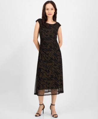 Connected - Petite Printed-Mesh Cap-Sleeve Midi Dress