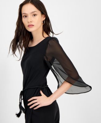 Petite Bell-Sleeve Tassel-Belt Wide-Leg Jumpsuit