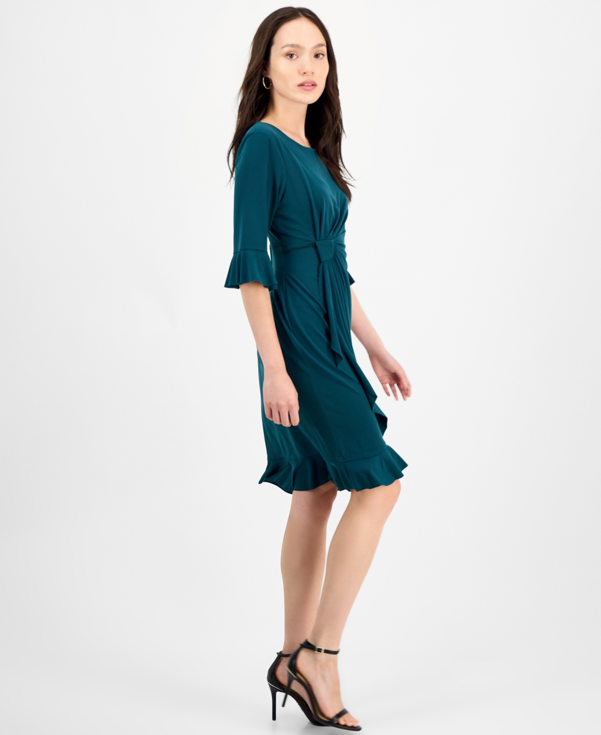 Connected Petite 3/4-sleeve Ruffle Jersey Dress In Green