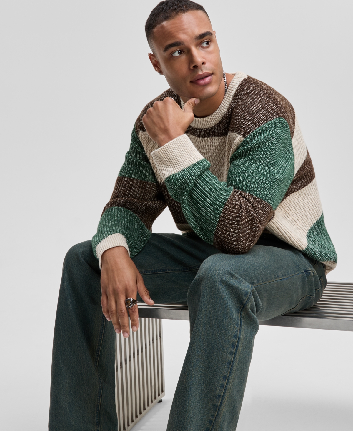 Mode of One Men's Relaxed-Fit Striped Crewneck Sweater, Macy's Exclusive