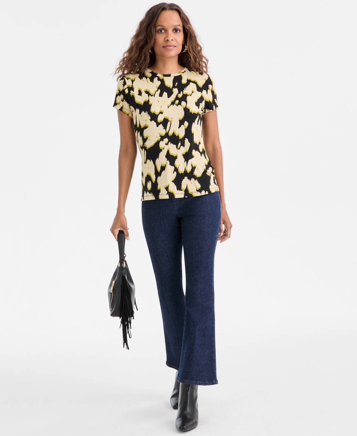 Inc International Concepts Petite Cotton Abstract-print Cap-sleeve T-shirt, Macy's Exclusive In Black